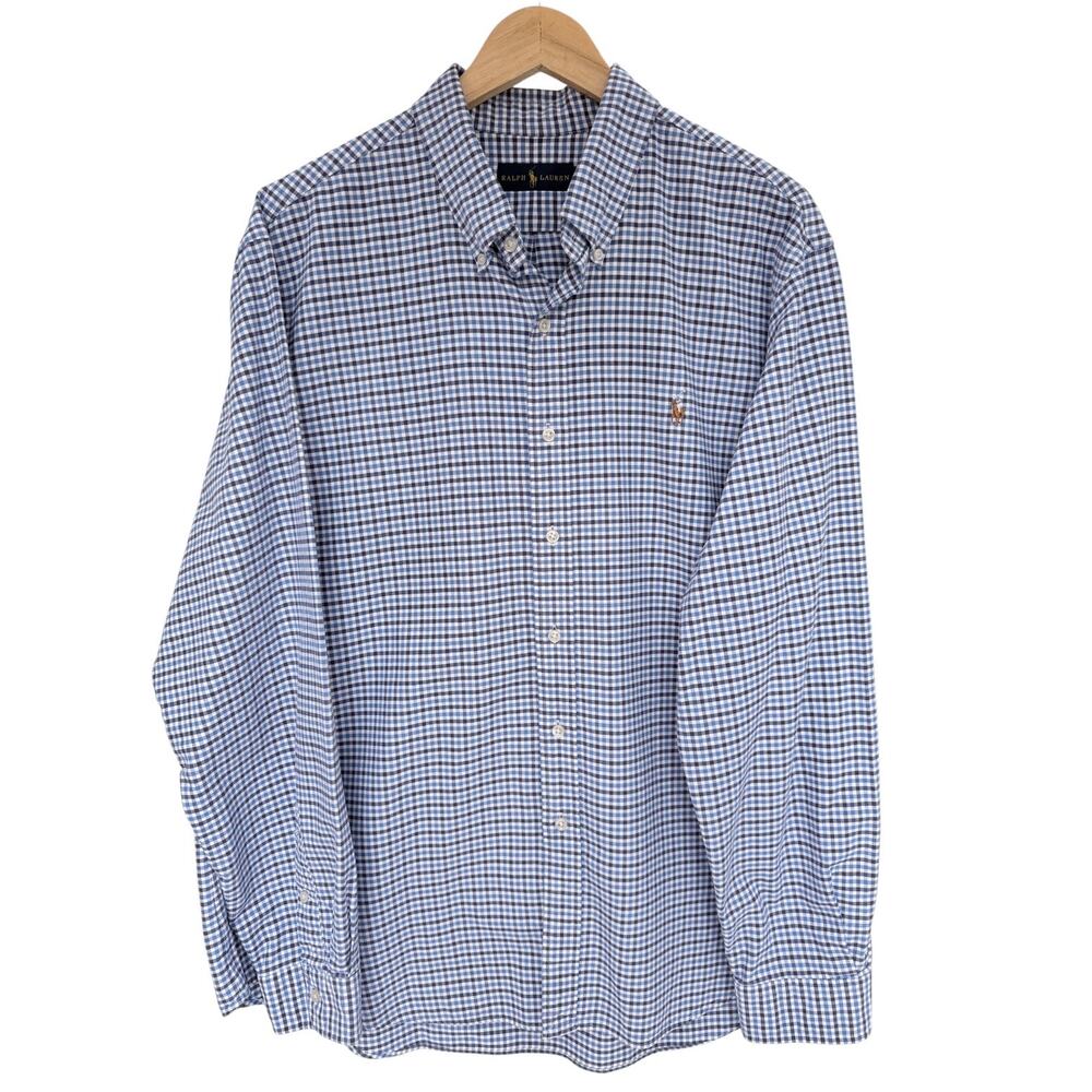 Ralph Lauren Button Up Shirt Mens XXL Blue White Check Pony Logo Long Sleeve